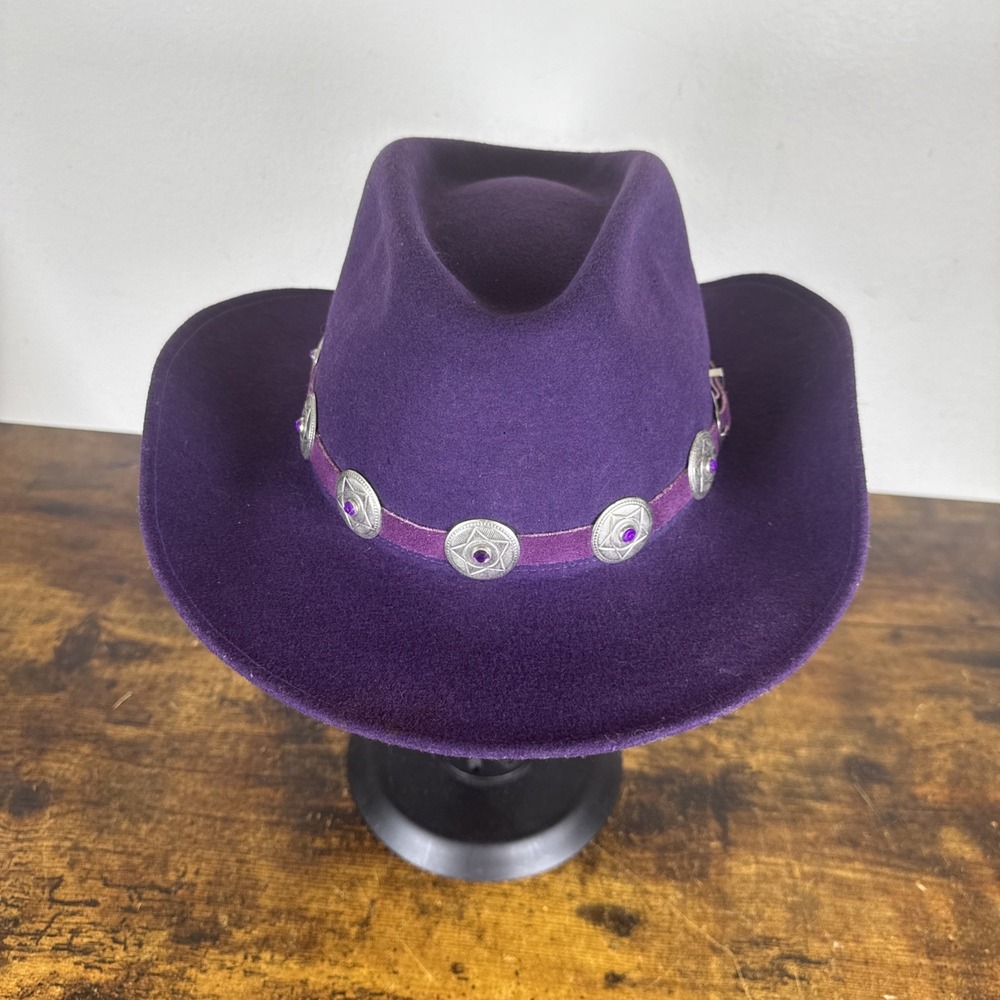 Fiesta Santa Barbara Purple Felt Cowboy Hat – Leather Silver Concho Band Size L